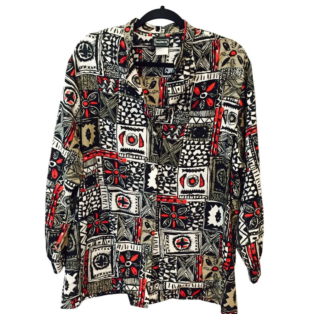 Bon Worth Button Up Blouse Multicolor All Over Print Womens Long Sleeve Collared